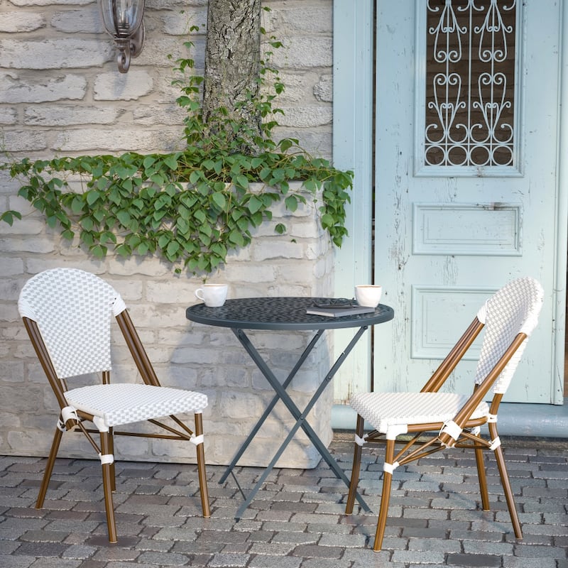 2 Pack All-Weather Commercial Paris Chairs with Bamboo Print Frame - 18.5"W x 22"D x 34.25"H - White & Gray/Natural Frame