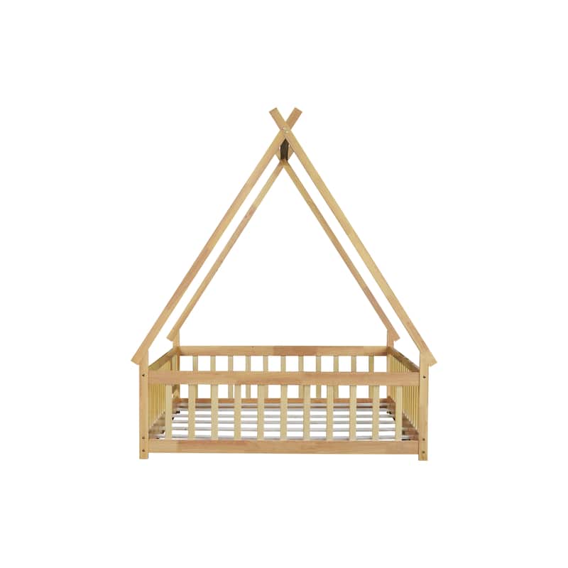 Full Size Rubber Wood Tent-shaped Floor Bed, with Guardrails, Slats and Door