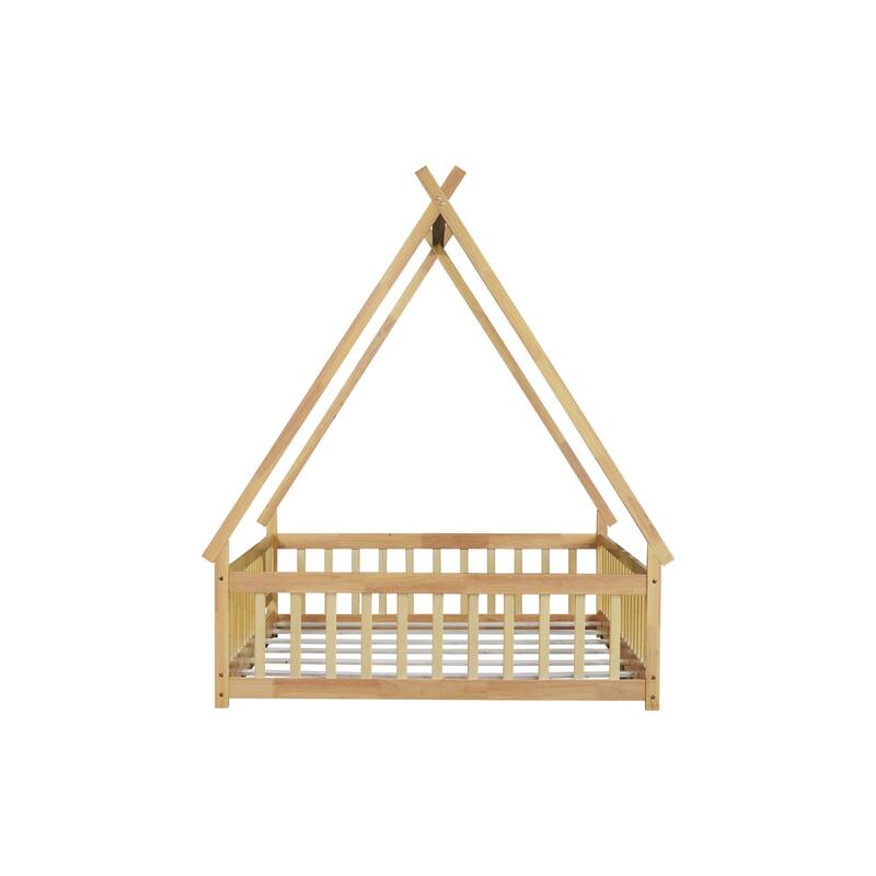 Natural Rubber Wood Full Size Tent-shaped Floor Bed with Guardrails and Door
