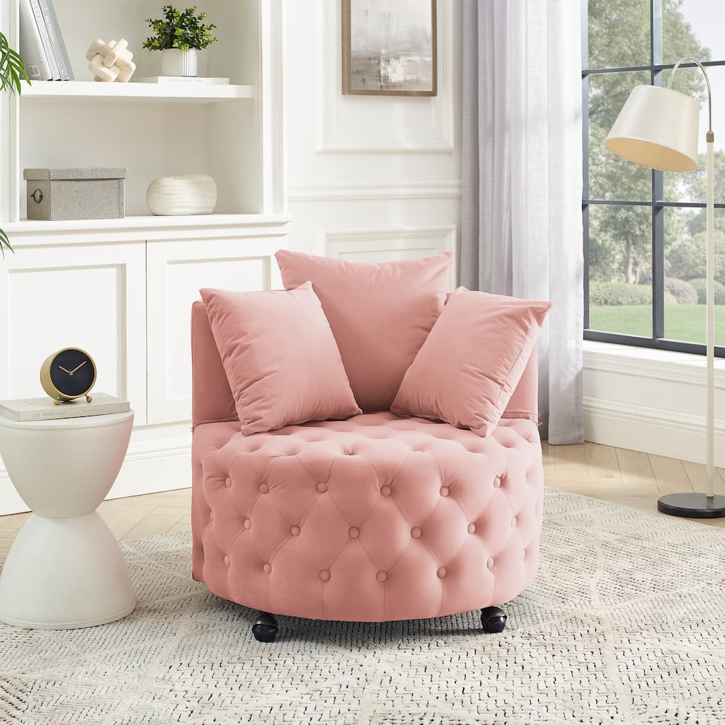 Pink Modern 30" Upholstered Swivel Button Tufted Accent Chair with Movable Wheels and 3 Pillows