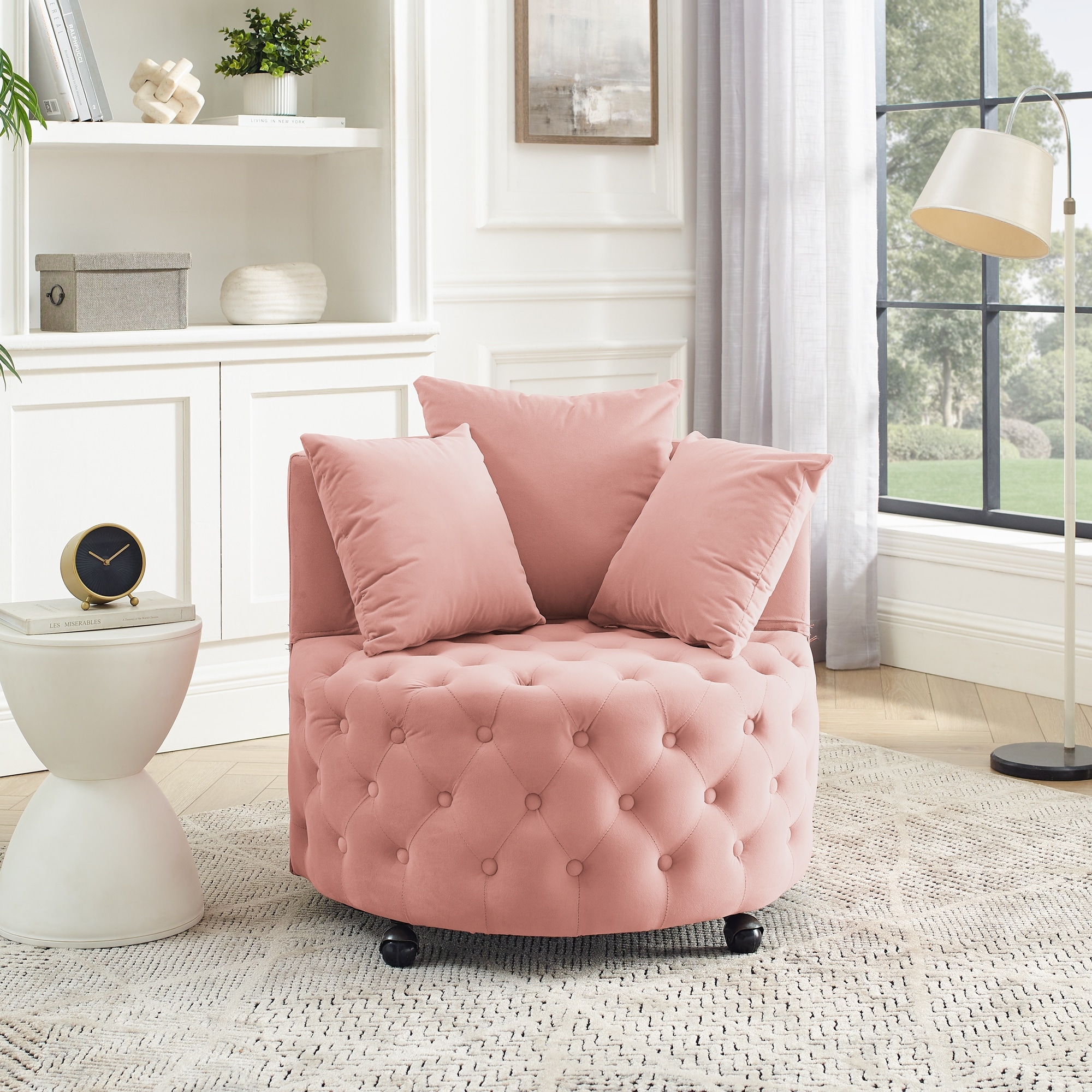 Pink Velvet Upholstered Swivel Chair Button Tufted Barrel Chair Accent Chair Lounge Chair with Movable Wheels and 3 Pillows