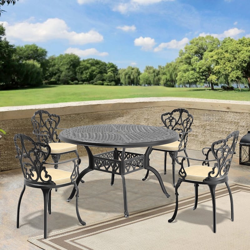 5/7-Piece Cast Aluminum Outdoor Dining Set with 48.03 in. Round Table and Random Color Cushions - Black(5-Piece Sets-C)