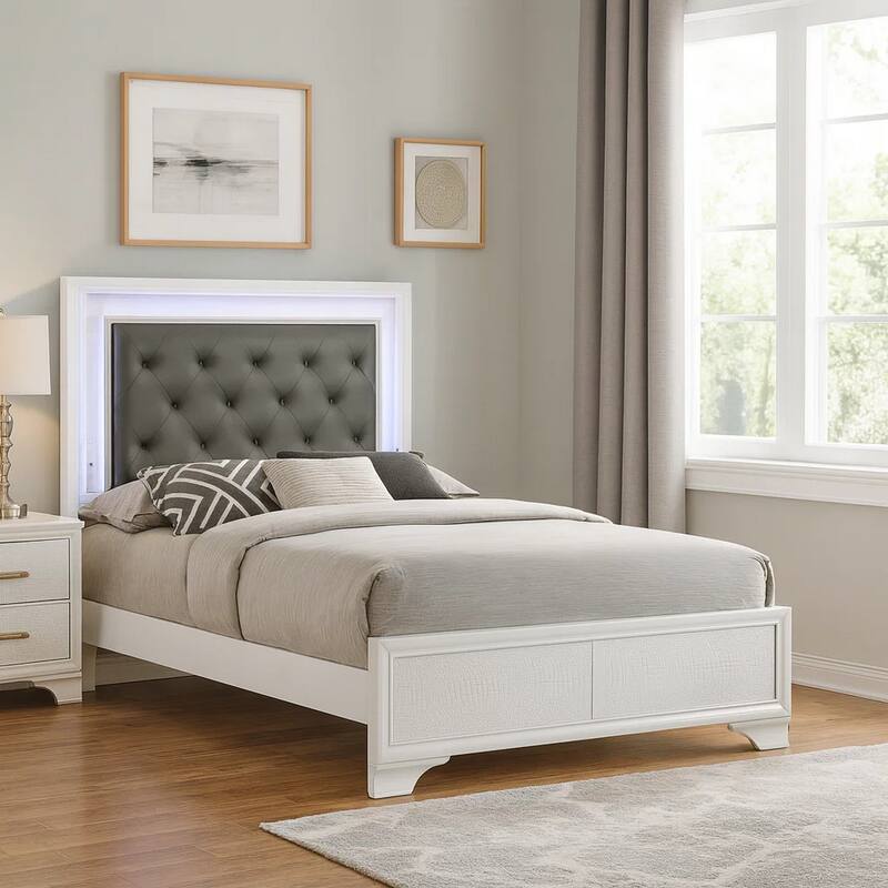Lise Full Size Bed, Gray Fabric Upholstery, LED Lit, Modern White Wood
