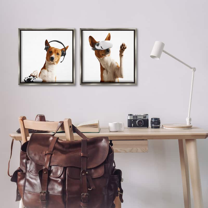 Stupell Video Game Dogs with VR Framed Floater Canvas Wall Art Design By CAD Design (Set of 2)
