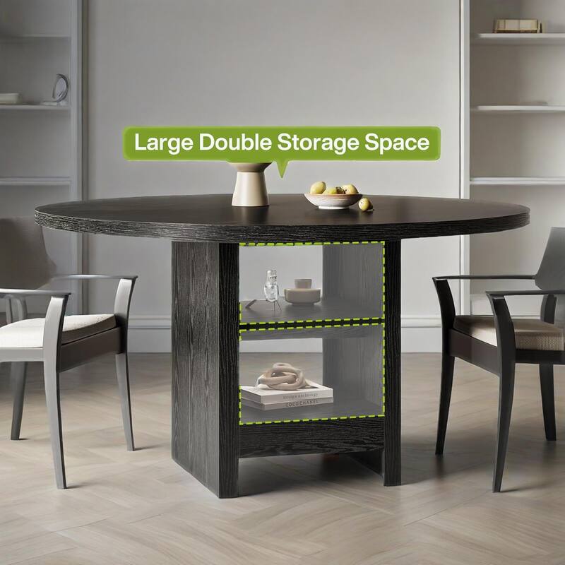 Black MDF Round Dining Table with Double Layer Storage for 4 to 6 People - 47.24'' x 47.24” x 29.53''