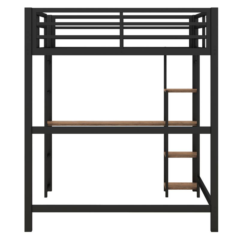 Full Size Black Metal Loft Bed with Built-in Desk and Storage Shelves