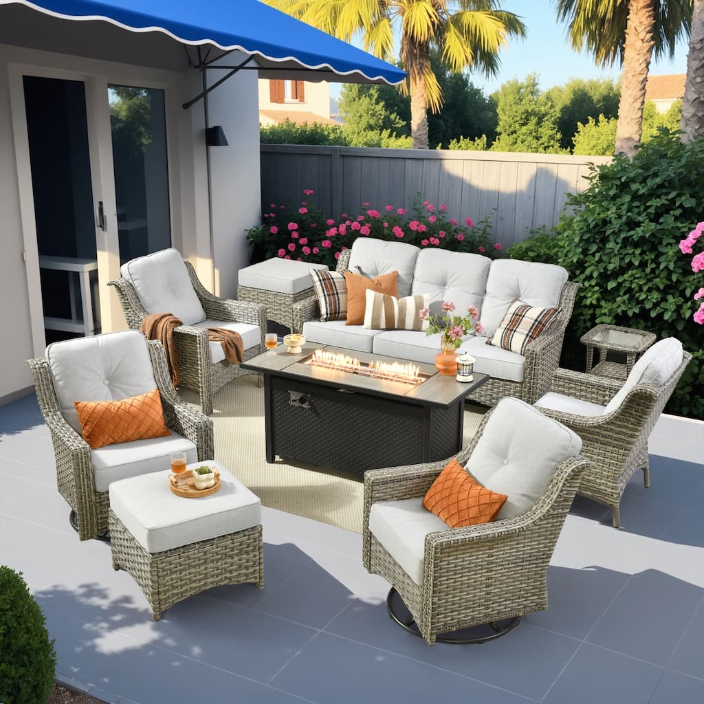 HOOOWOOO 9-piece Rattan Outdoor High Backrest Swivel Chair Set with 54"Fire Pit