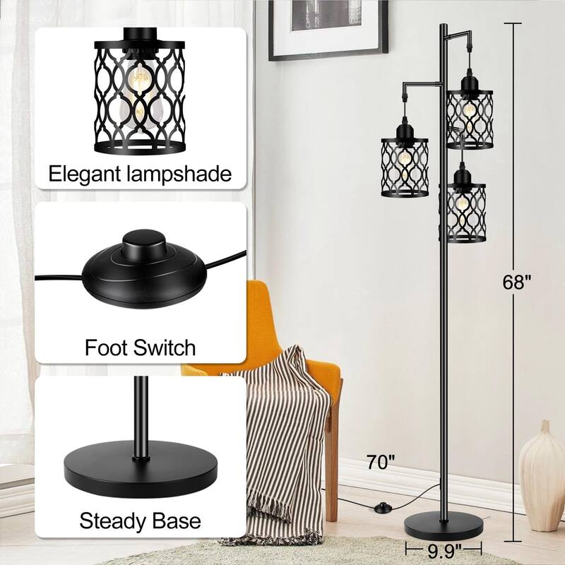 Industrial Floor Lamp, Metal Farmhouse Floor Lamp for Living Room, Rustic Standing Tall Lamp with 3 Elegant Cage Heads - Black