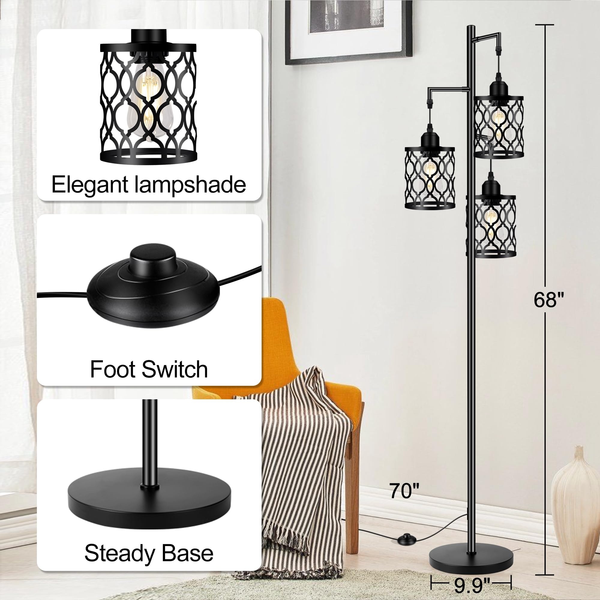 Industrial Floor Lamp Metal Farmhouse Floor Lamp for Living Room Rustic Standing Tall Lamp with 3 Elegant Cage Heads Black Bed Bath Beyond 40544072