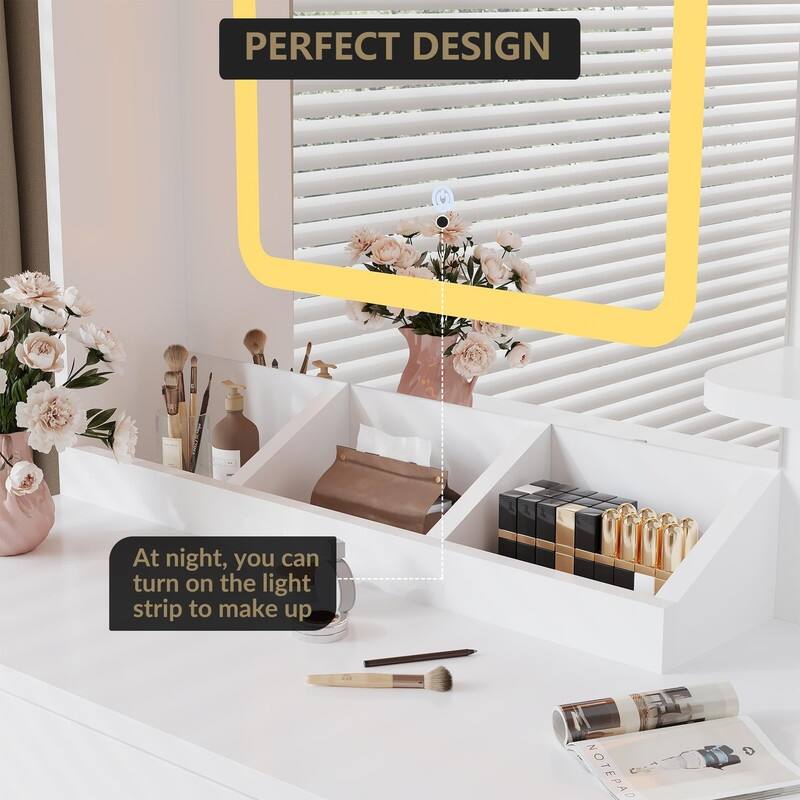 Vanity Desk with LED Mirror, 3 Drawers & Open Shelves, Charging Station, and Stool