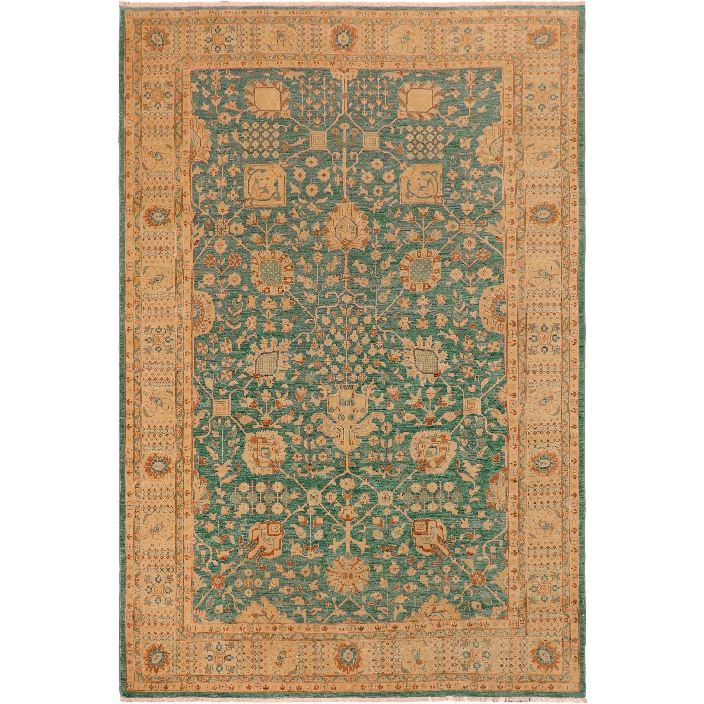 Shabby Chic Ziegler Lora Green Tan Hand-Knotted Wool Rug - 10'1