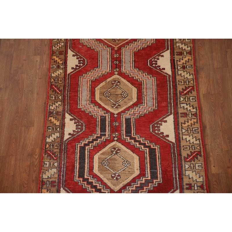 Red Ardebil Persian Runner Rug Handmade Vintage Wool Carpet - 3'0"x 12'0"