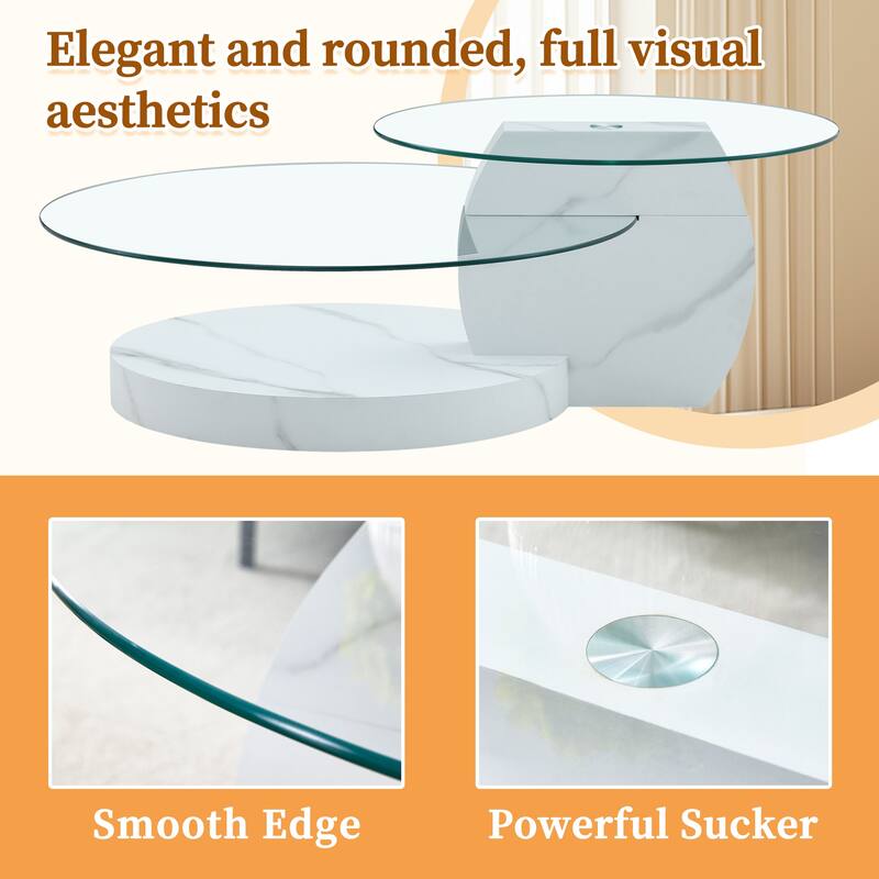 Roomfitters Double Layer Coffee Table with White Marble and Wood Grain Finish, Artistic Modern Design