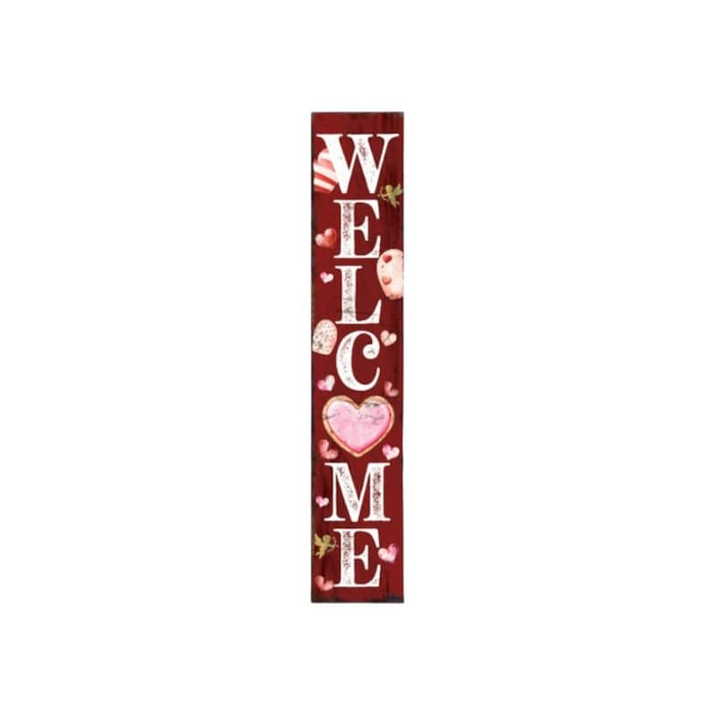 HomeRoots 48" Red And White Solid Wood Valentine's Day Heart Welcome Porch Sign