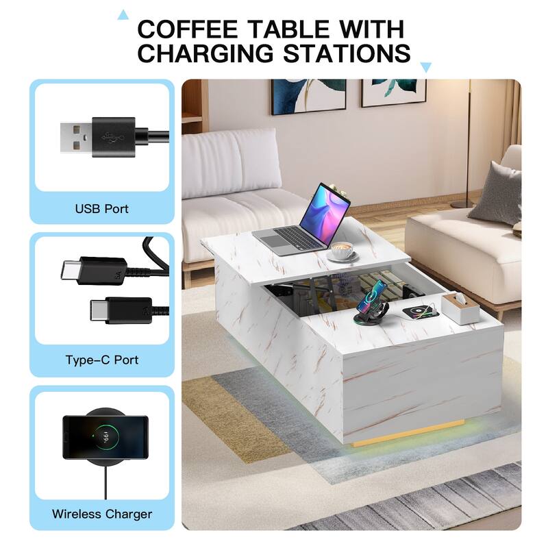Pocassy LED Coffee Table 47.2" Coffee Tables with Storage Shelf