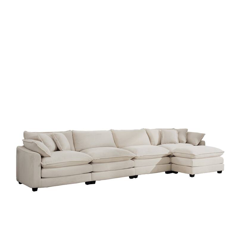 Beige 150" Corduroy Cloud L-Shaped Sectional Sofa with Removable Ottoman