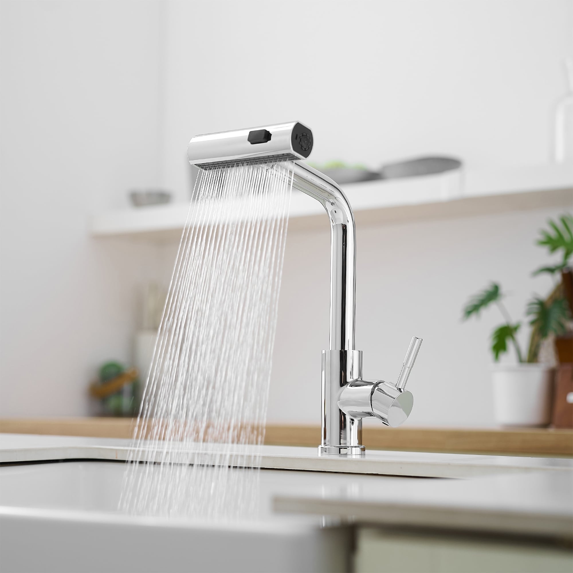 Modern Chrome Single Handle Kitchen Faucet with Pull Out Sprayer, 3 Function Water Outlet