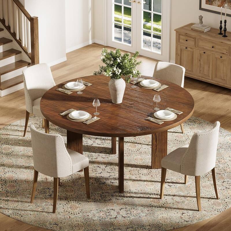 47.24" Solid Wood Round Dining Table, Farmhouse Dinner Table for Dining Room, Natural Brown
