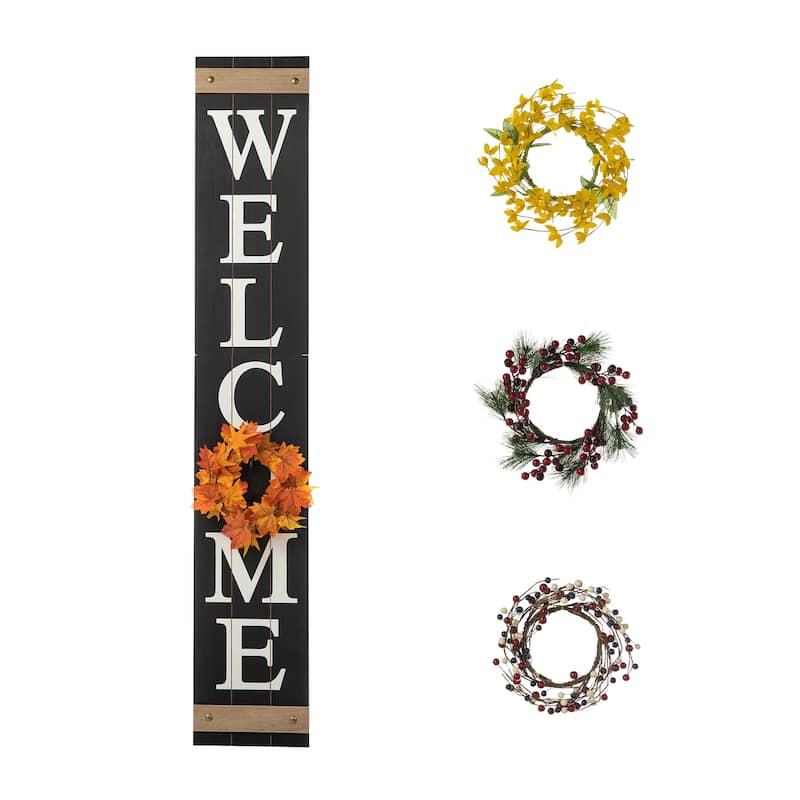 Glitzhome 60"H Wooden Welcome Porch Sign with 4 Floral Wreaths for Fall Halloween Thanksgiving Christmas Decoration