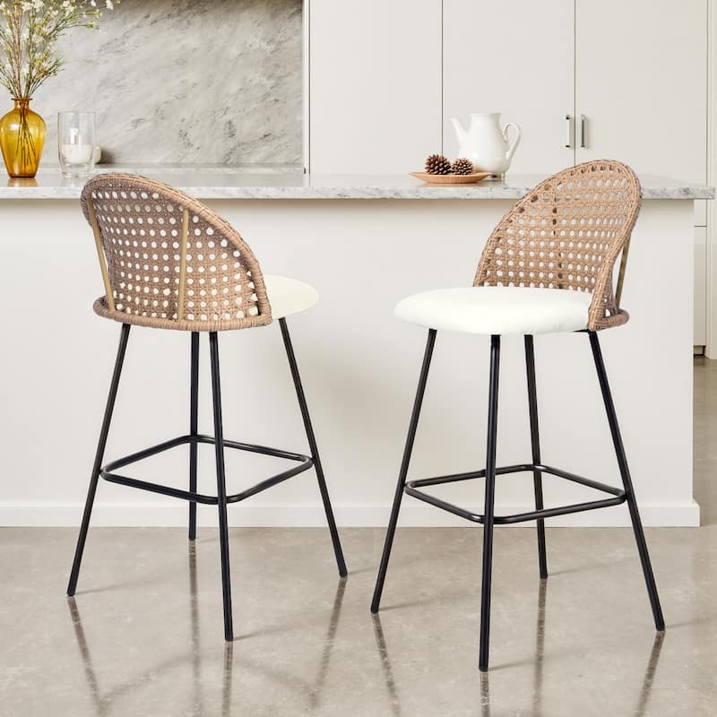 2 Set Rattan 27" Upholstered Chenille Full Back Counter Stool