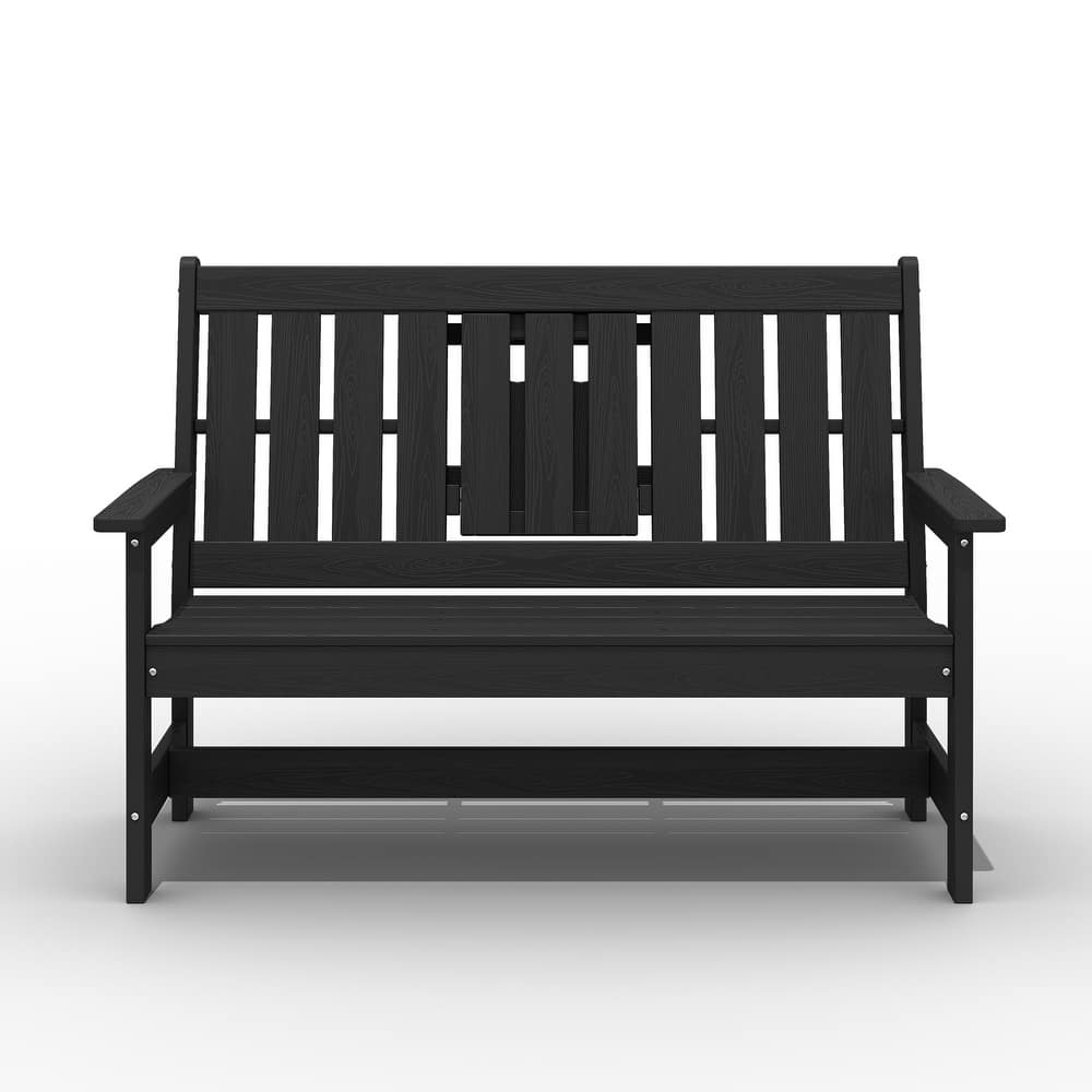 HDPE 2 Person Patio Bench with foldable Cup Holder and Functional Center Panel