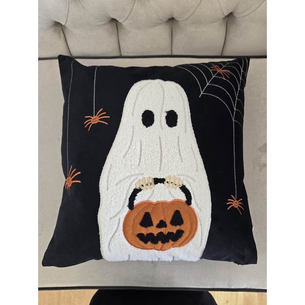 Halloween Ghost with Pumpkin Bucket Throw Pillow Set of 2