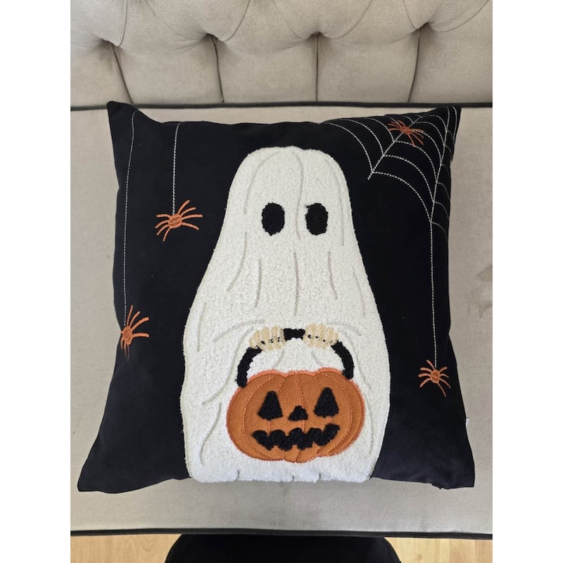 Halloween Ghost with Pumpkin Bucket Throw Pillow - Black