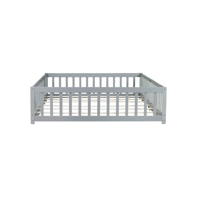 Grey Queen Size Wooden Floor Bed with Fence, Door, Rubber Safety Guardrails