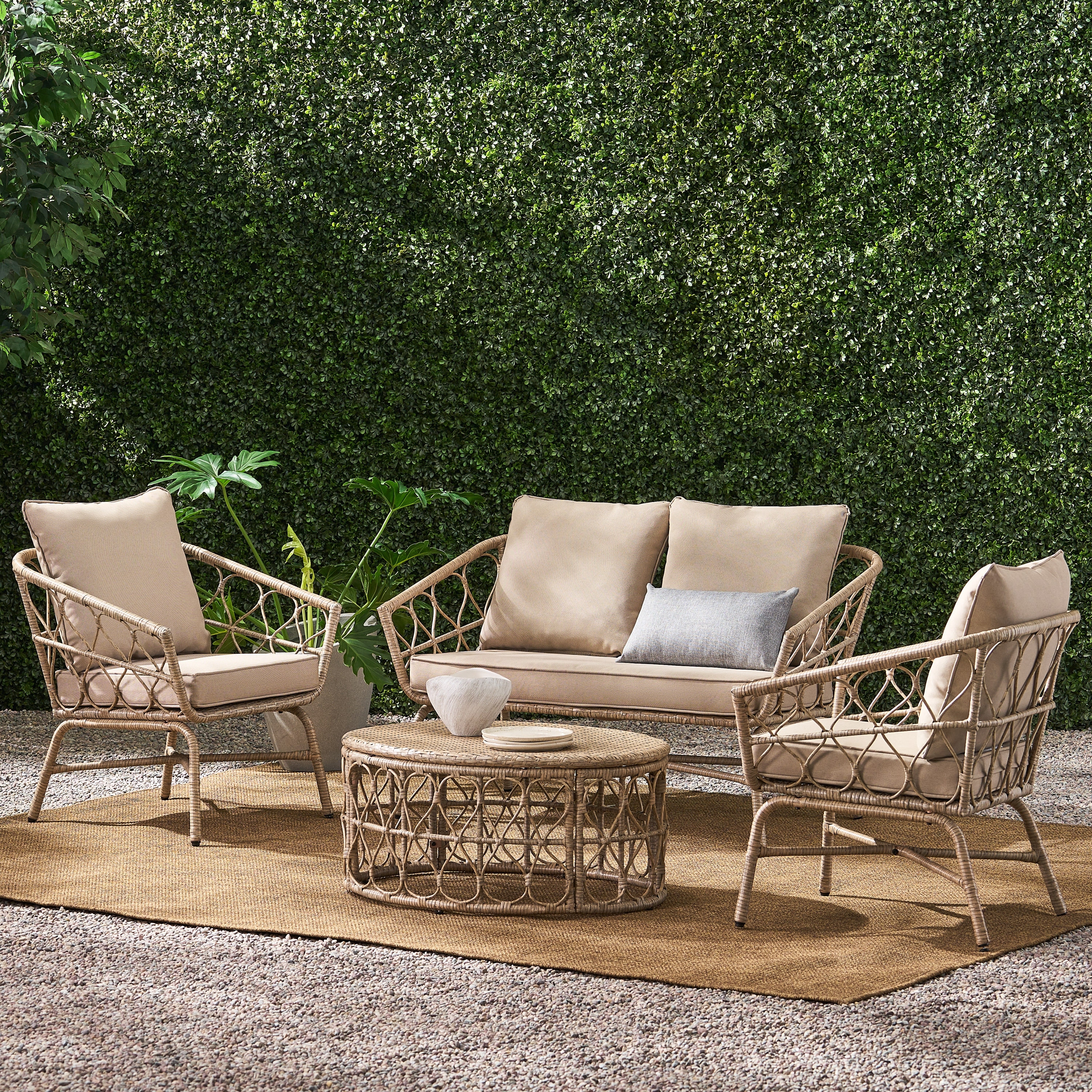 Roomfitters 4 Pcs Elegant Outdoor Wicker Furniture Set with Loveseat, 2 Chairs, and Round Coffee Table, Soft Cushions, for Patio