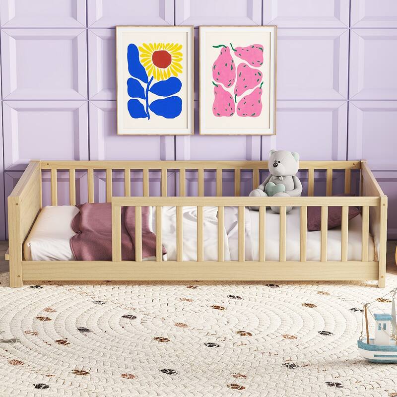 GDFStudio - Kensington Twin Floor Platform Bed with Built-in Book Storage Rack and Guardrails