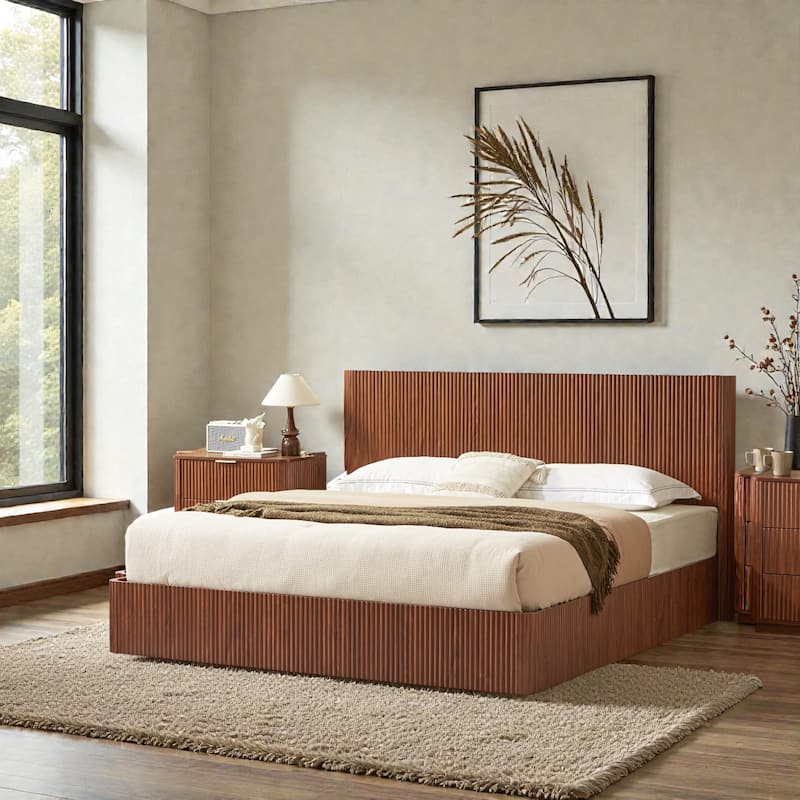 Lift Up Storage Platform Bed with Hydraulic Mechanism, Curved Corrugated Wooden Panels, No Box Spring Required - Walnut - King