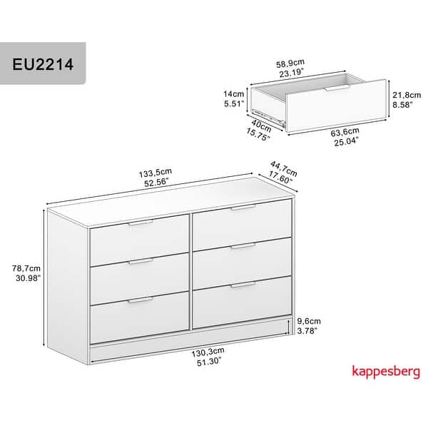 dimension image slide 0 of 3, Kappesberg New Fresno 3-Piece Bedroom Set, One 6-Drawer Dresser and Two 2-Drawer Nightstands