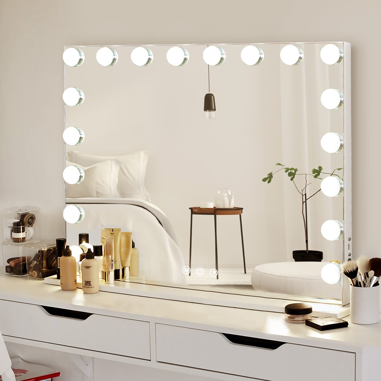 Make Up Reatangle White Big Mirror with LED Lighted Mirror USB port and bluetooth Speaker 31.5 x 22.84