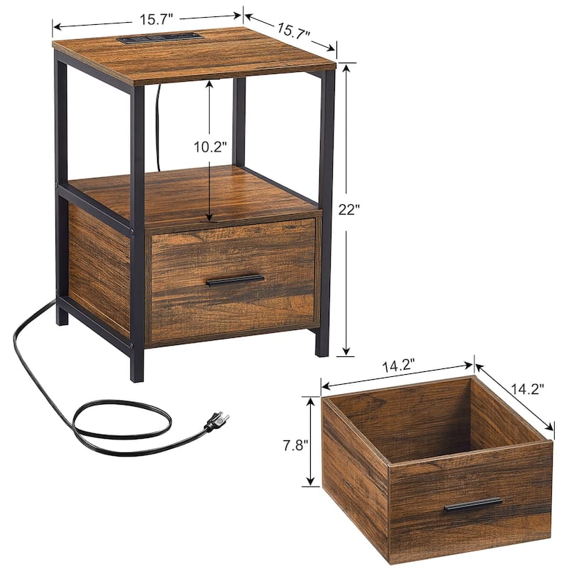 VECELO Mid Century Modern Nightstand with Charging Station USB Port