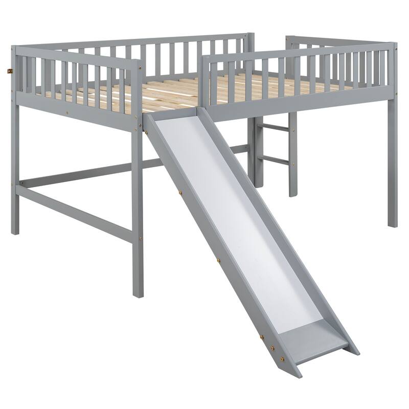 Full Size Low Loft Bed with Removable Slide and Space-Saving Ladder, Gray