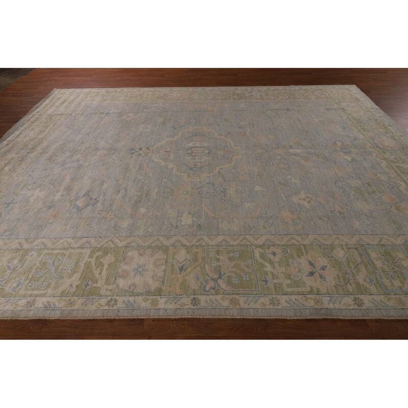 Vegetable Dye Oushak Turkish Area Rug Hand-Knotted Grey Wool Carpet - 9'5"x 12'1"