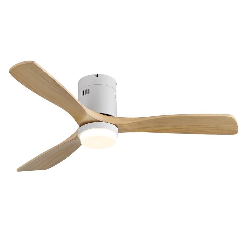 Sofucor 42/52 Inch Low Profile Flush Mount Ceiling Fan with Light,Remote Control,Solid wood/ABS Blades,Reversible Quiet DC Motor - 52 Inches - White with Natural wood Blades