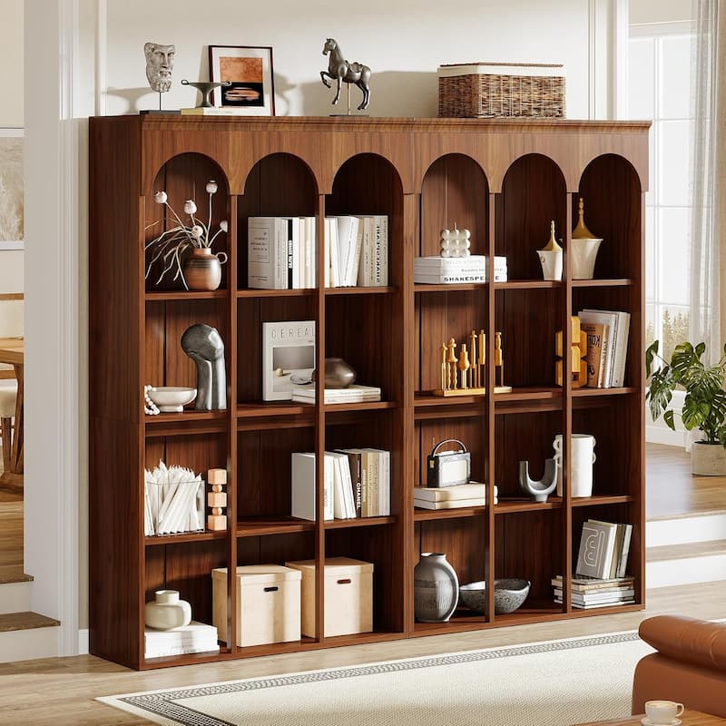 70.9" Tall Arched Bookshelf, 5-Tier Freestanding Wooden Large Commercial-Grade Library Display Bookcase for Office, Reception - 2pcs