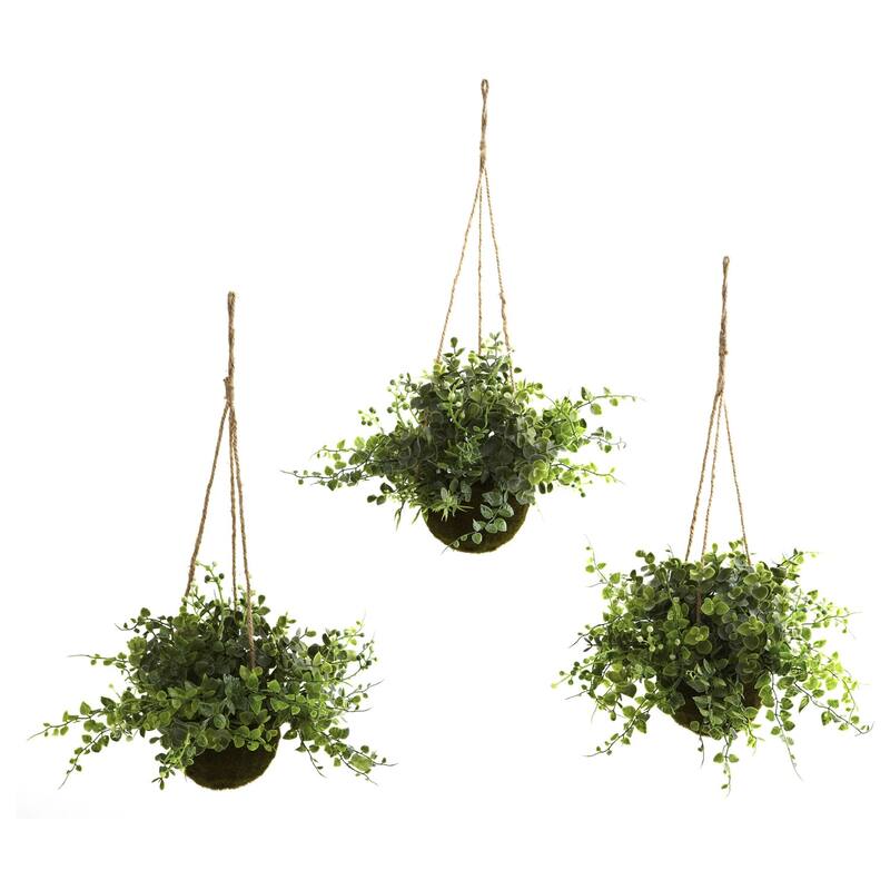 Faux Hanging Basket Set of 3 - Eucalyptus Maidenhair Berry Decor