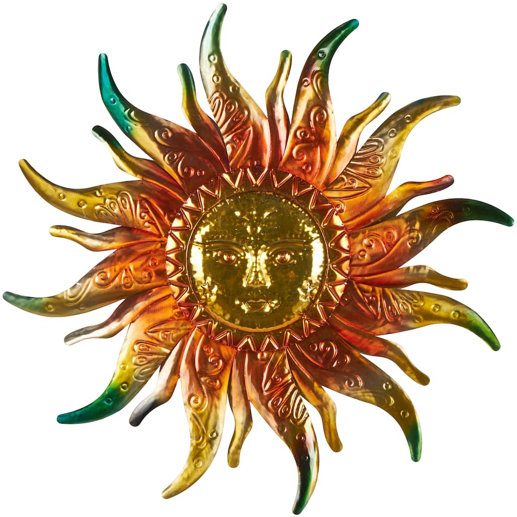 Stainless Steel Metal Sun Face Wall Decor with Red, Green, and Orange Accents - Gold - Roche River Decor