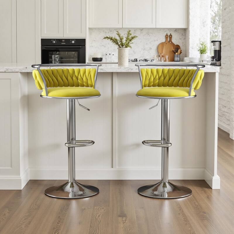Velvet Upholstered Adjustable Bar Stool Swivel Counter Chair Set of 2 - Olive Drab/Silver - Set of 2