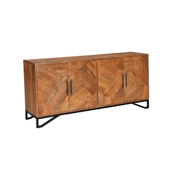 HomeRoots 82" Brown Solid Wood Carved Geometric Sideboard with Four Doors - 82.00 in. x 37.00 in. x 18.00 in.