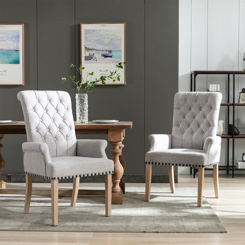 Fabric Upholstered High Back Arm Dining Chair with Oak Wood Legs