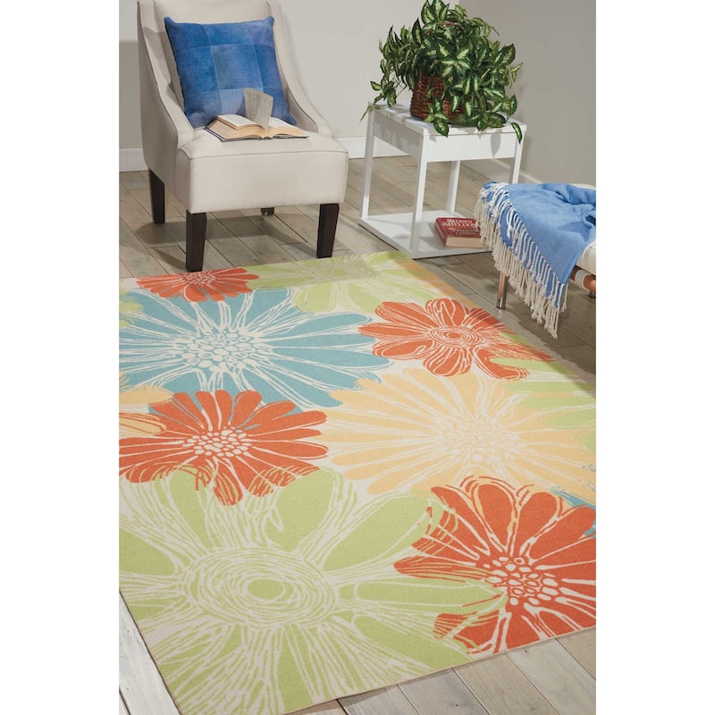 Ogunquit Indoor/Outdoor Abstract Floral Modern Rug by Havenside Home - 5'3" x 7'5" - Blue/Orange/Ivory