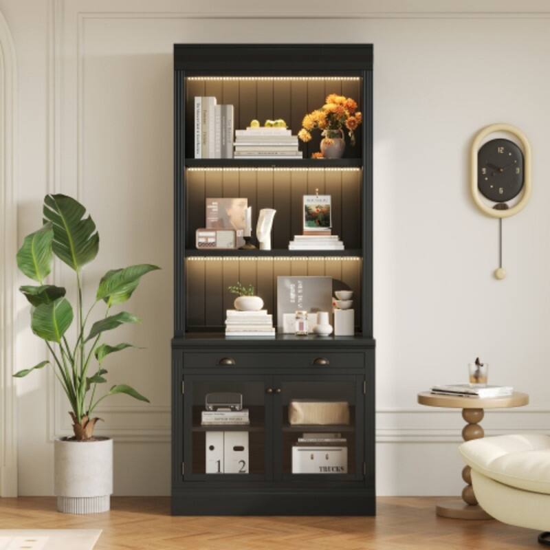 83.4" Contemporary Glass Door Bookcase with LED Lights & Drawer - Elegant Display Storage Shelf for Living Room and Study Room - Black