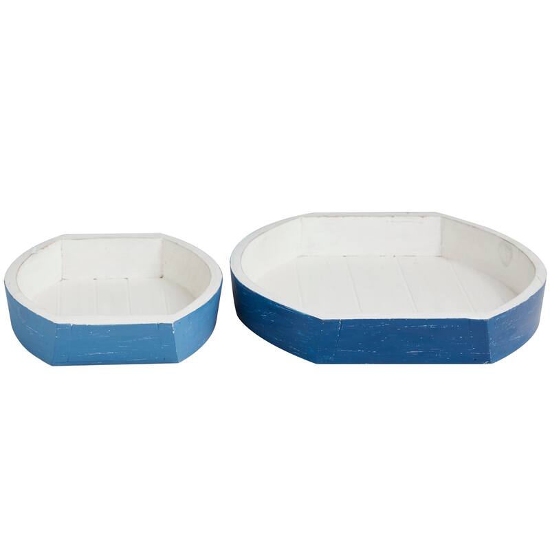 Blue Wood Handmade Distressed Two Toned Boat Living Room Decor Tray (Set of 2) - 17", 13"W