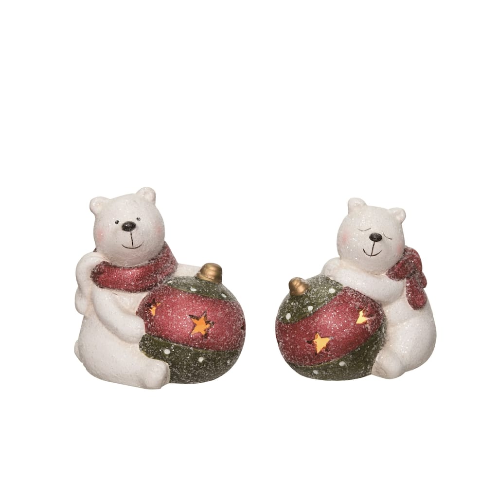Transpac Ceramic Light Up Glitter Polar Bear & Ornament Set of 2 Christmas Home Decorations