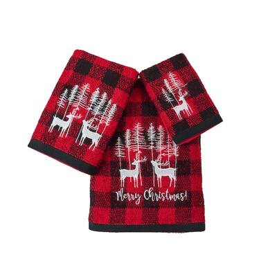 Xmas Premium Decor Soft 100% Cotton Embroidered Bathroom Modern 3 Piece Christmas Towel Set, Red Black Plaid Christmas Reindeer