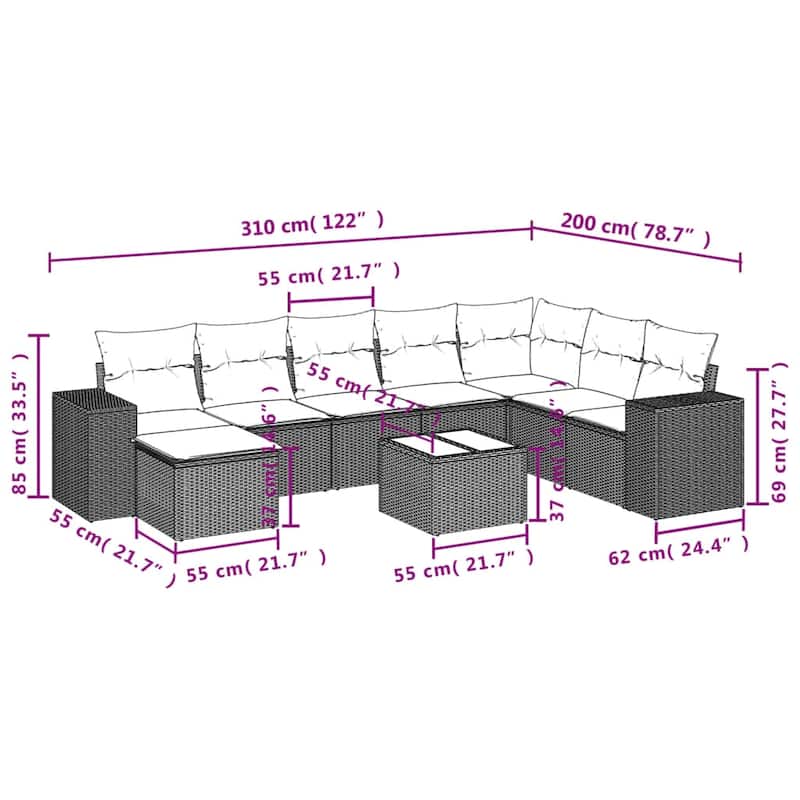 vidaXL 8 Piece Patio Sofa Set with Cushions Black Poly Rattan