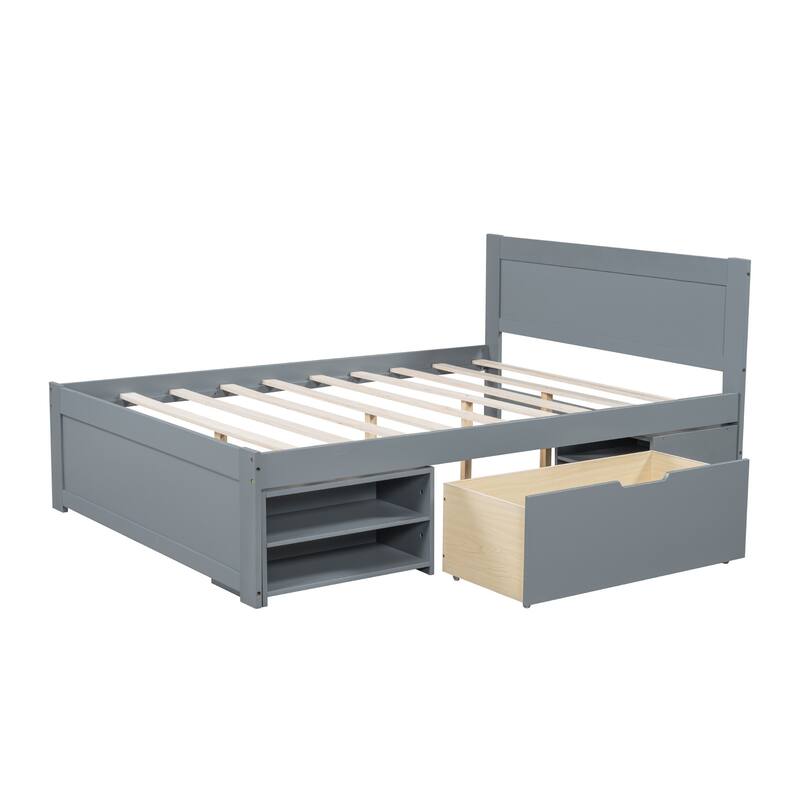 Platform bed with drawers and two shelves